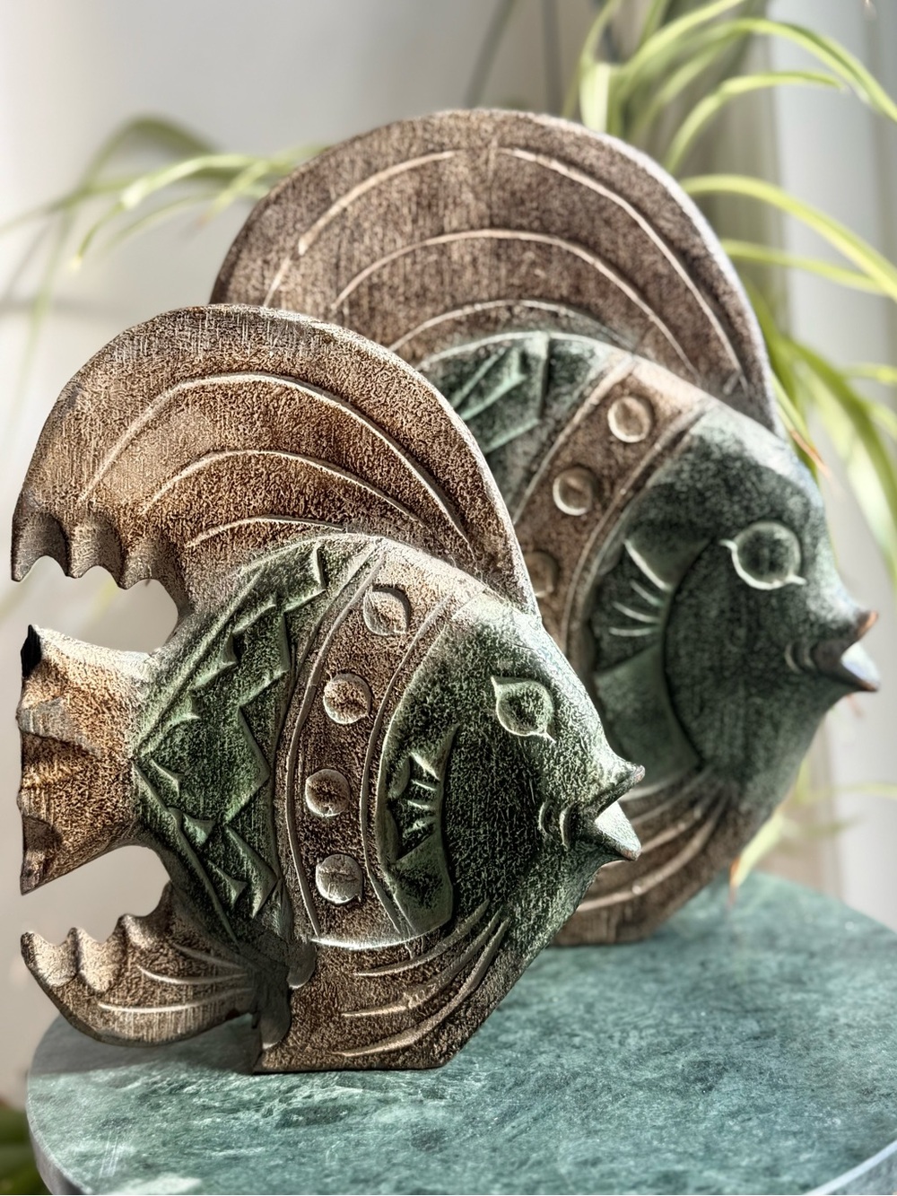 Decorative Green and Brown Fish Sculpture Set (Wood Home Decor)